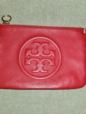 Tory Burch Red Pebbled Leather Logo Wristlet Pouch